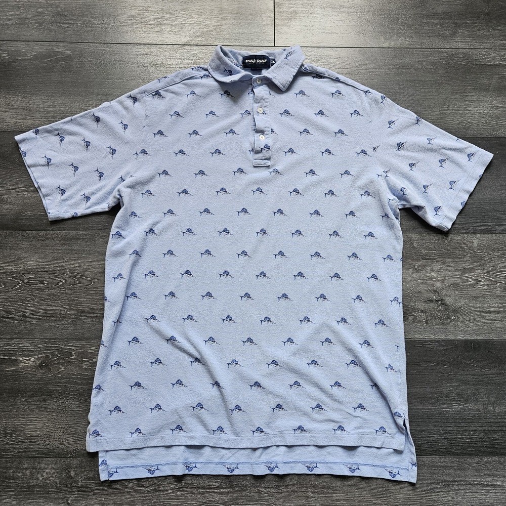 VTG Polo Golf Ralph Lauren Shirt Mens XL Blue‎ Sailfish All Over Print Marina